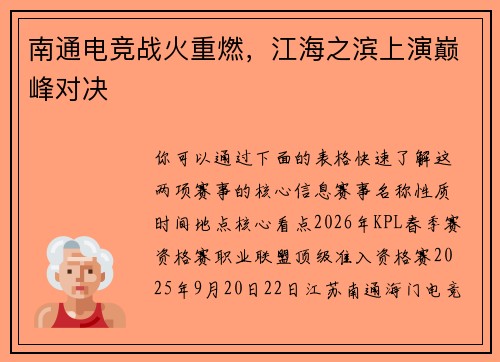 南通电竞战火重燃，江海之滨上演巅峰对决